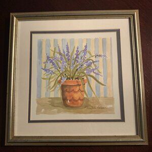 Vintage Framed Lilacs in Terra Cotta Pot Signed Watercolor Print by C.W. Olson